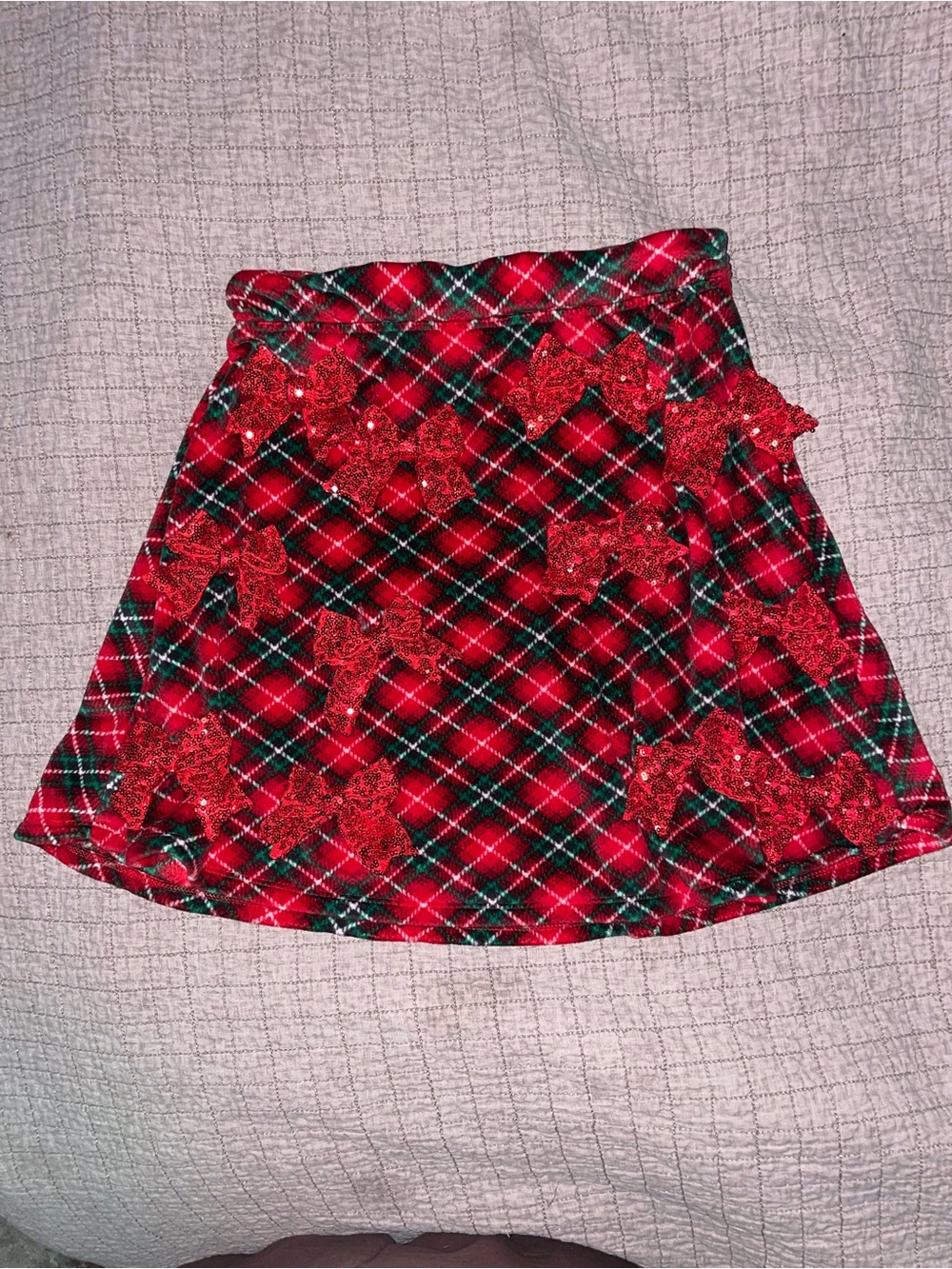 Red Plaid Circle Skirt with Lace Bow Accents